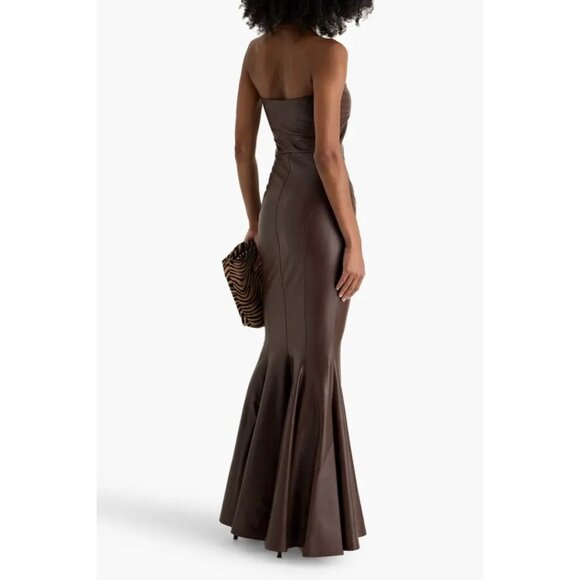 NWT Norma Kamali Strapless Faux Leather Fishtail Gown Chocolate Brown Size L - Picture 2 of 16